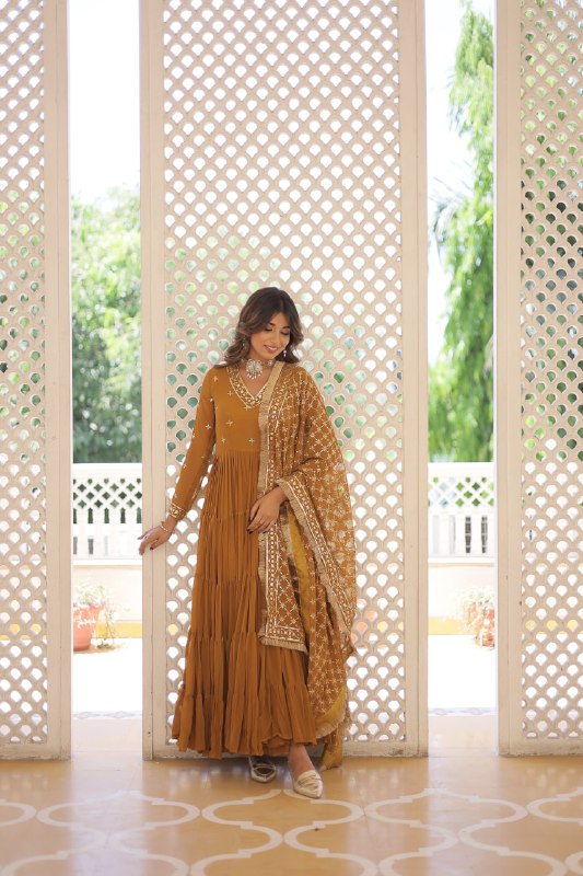 Mustard Color Designer Festive Wear Gown featuring Attractive Sequins Embroidery Work Gown