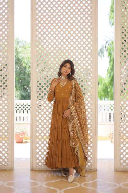 Mustard Color Designer Festive Wear Gown featuring Attractive Sequins Embroidery Work Gown