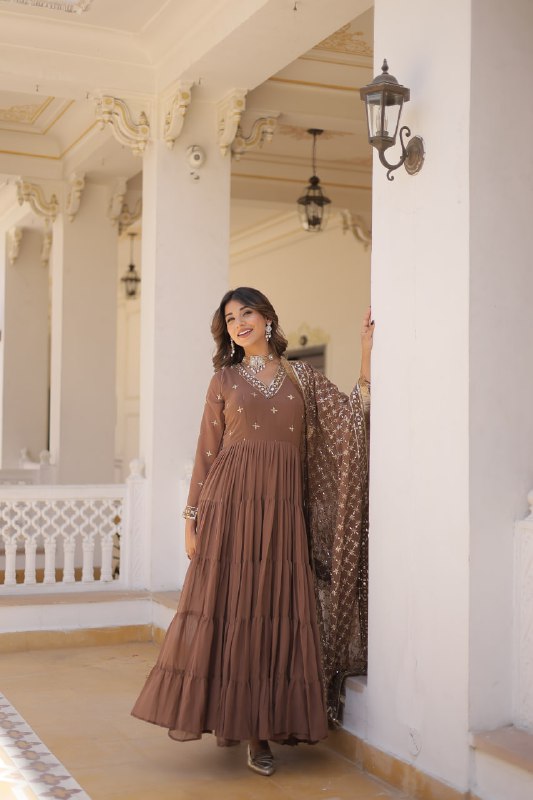 Coffee Color Designer Festive Wear Gown featuring Attractive Sequins Embroidery Work Gown