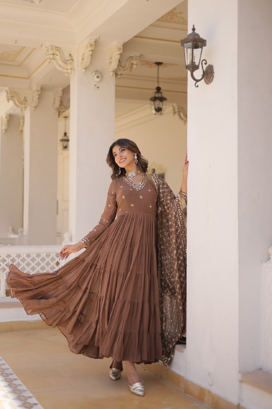 Coffee Color Designer Festive Wear Gown featuring Attractive Sequins Embroidery Work Gown