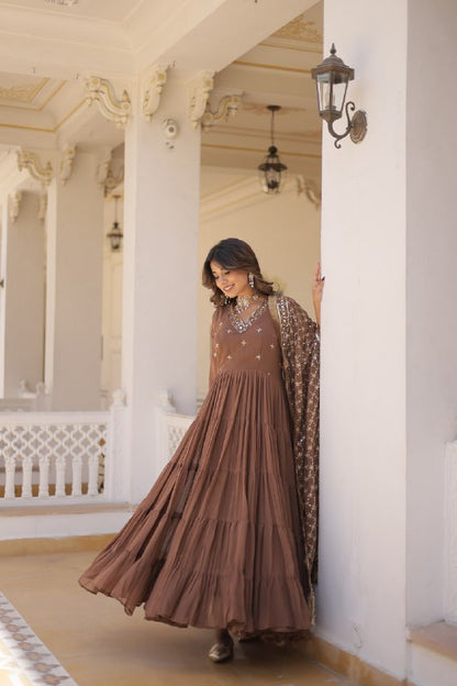 Coffee Color Designer Festive Wear Gown featuring Attractive Sequins Embroidery Work Gown