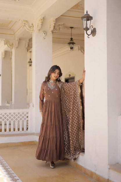 Coffee Color Designer Festive Wear Gown featuring Attractive Sequins Embroidery Work Gown