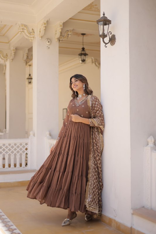 Coffee Color Designer Festive Wear Gown featuring Attractive Sequins Embroidery Work Gown