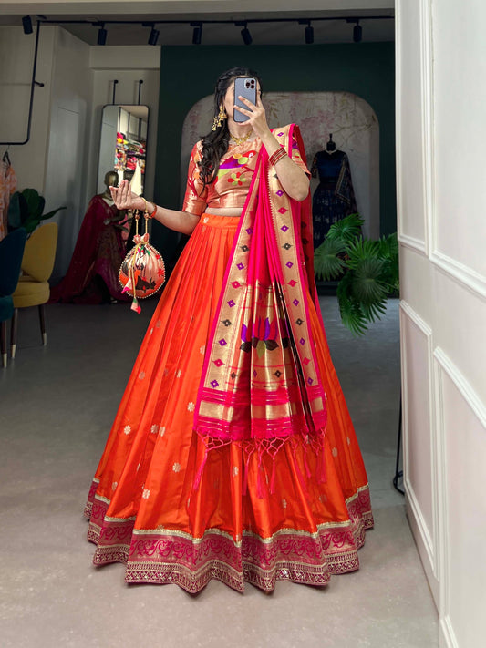 Orange Color Weaving Zari Work Jacquard Silk Lehenga Choli