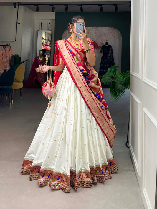 White Color Weaving Zari Work Jacquard Silk Lehenga Choli