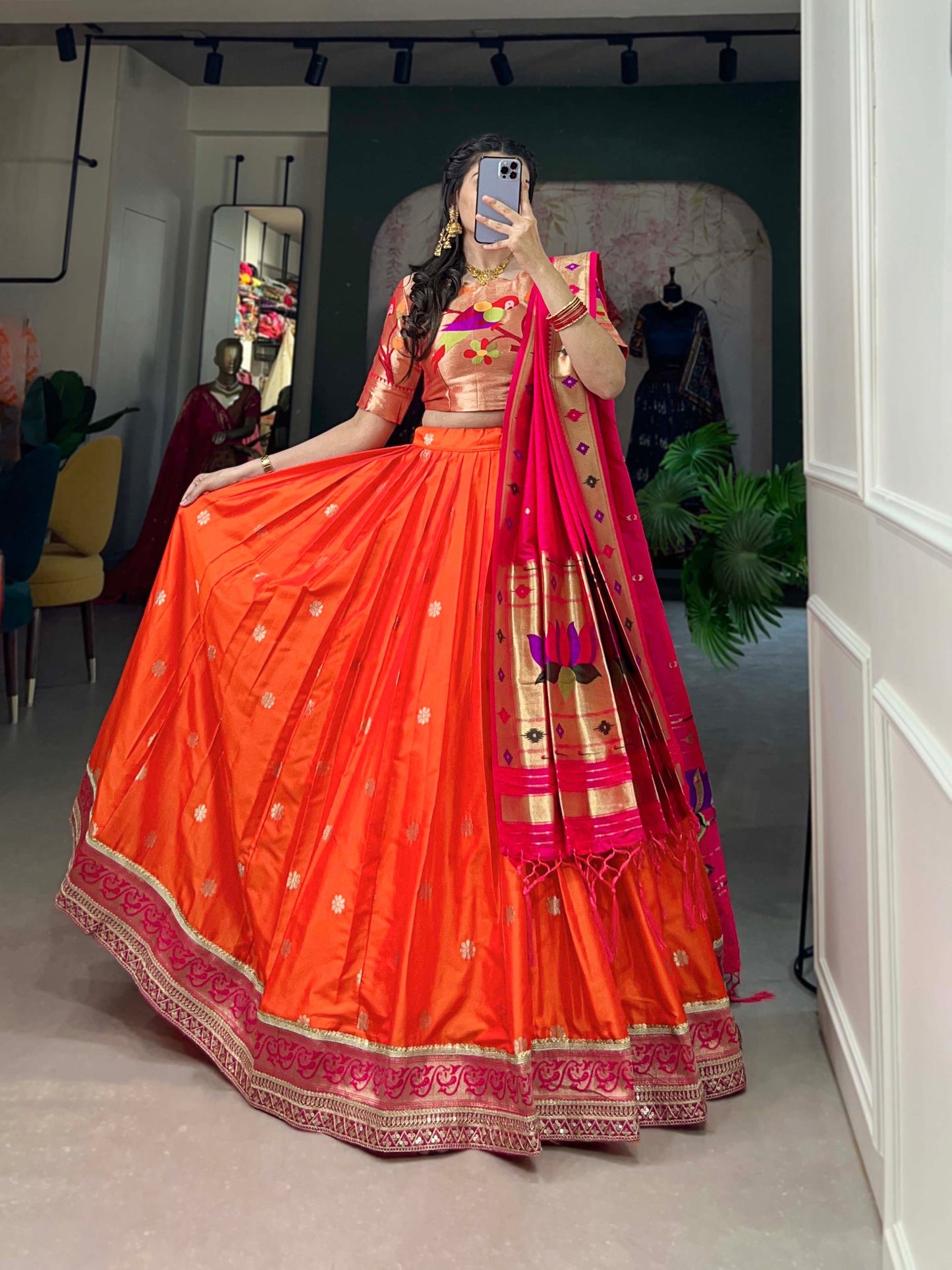 Orange Color Weaving Zari Work Jacquard Silk Lehenga Choli