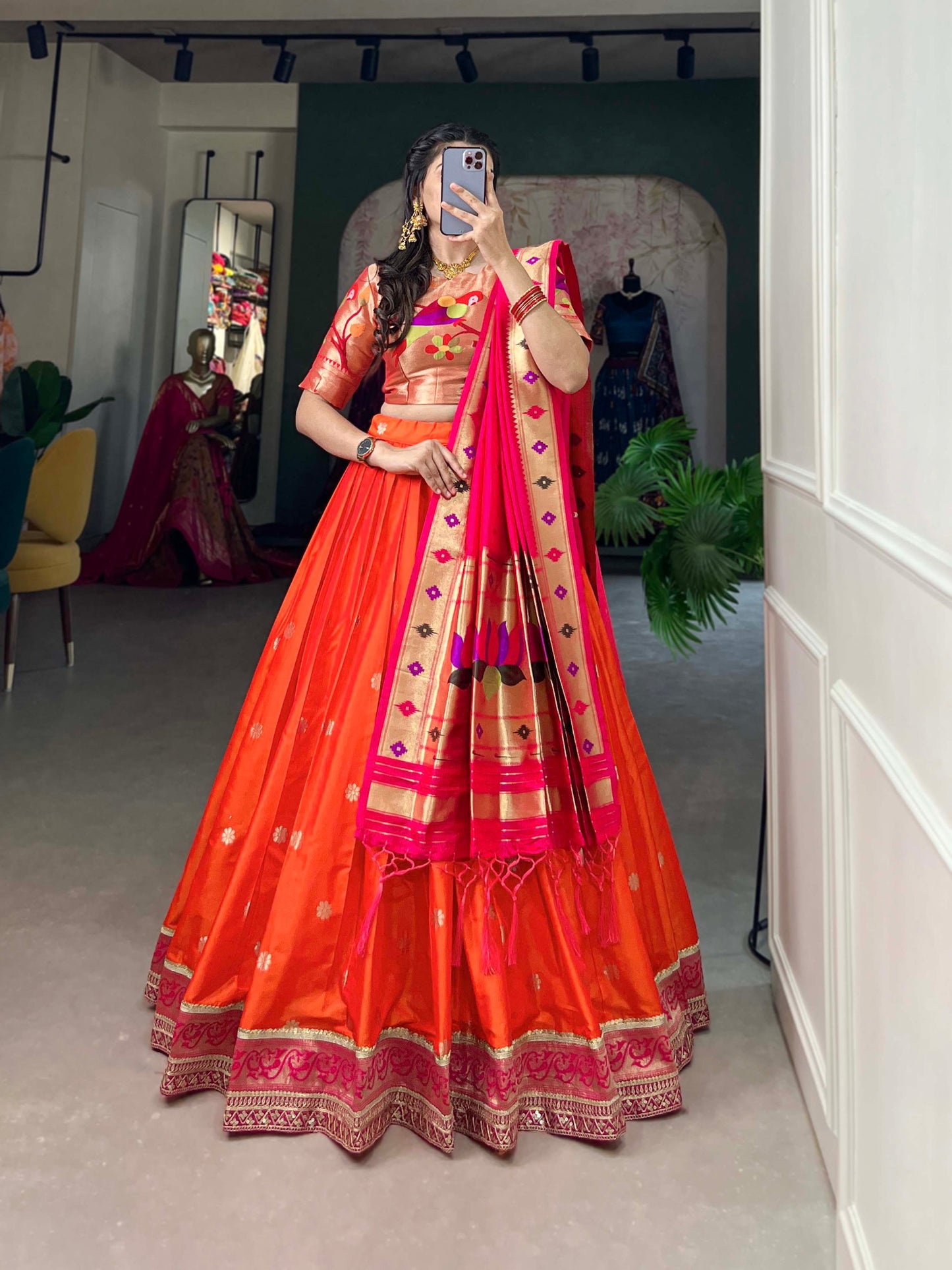 Orange Color Weaving Zari Work Jacquard Silk Lehenga Choli