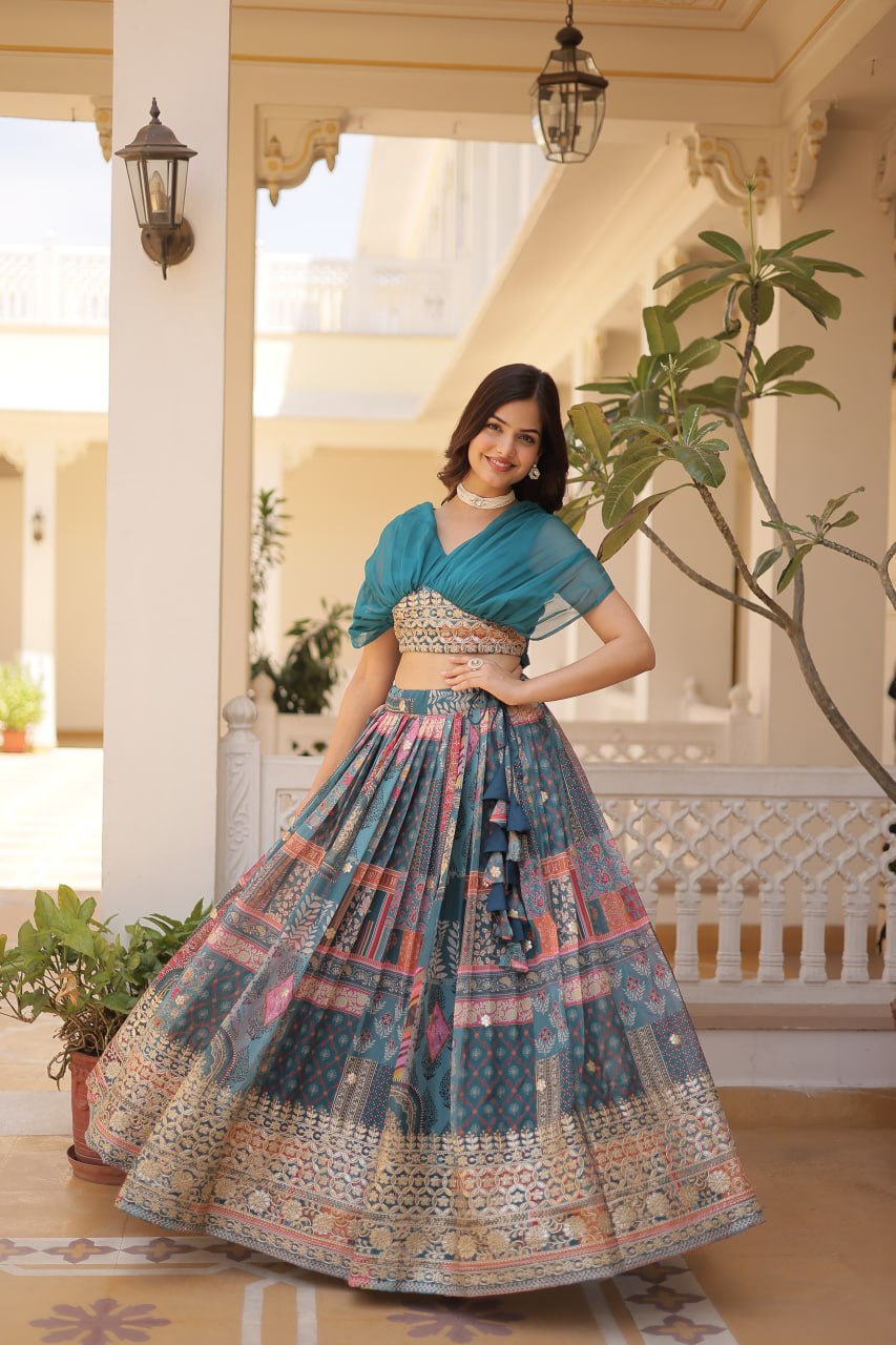 Rama Russian Silk Rich Digital Printed With Foil Embroidery Work Lehenga