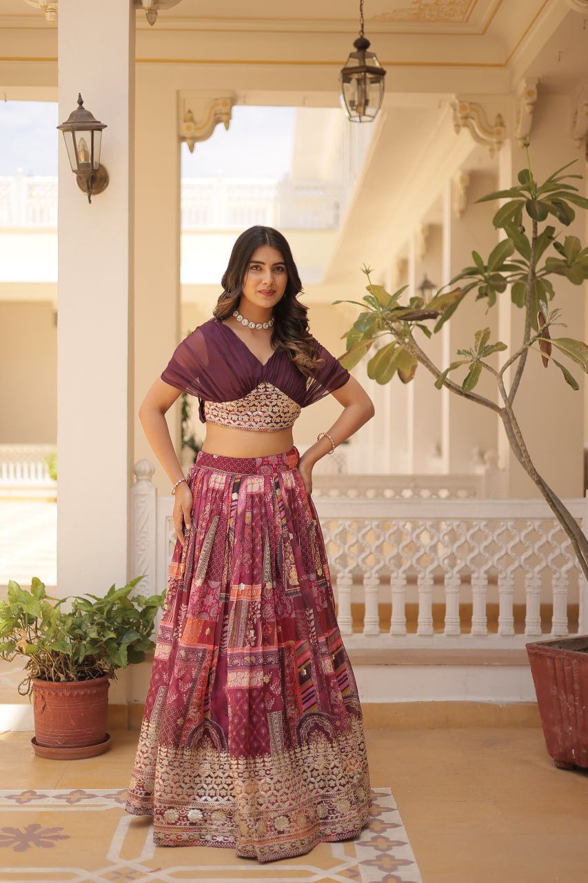 Purple Pink Rama Russian Silk Rich Digital Printed With Foil Embroidery Work Lehenga