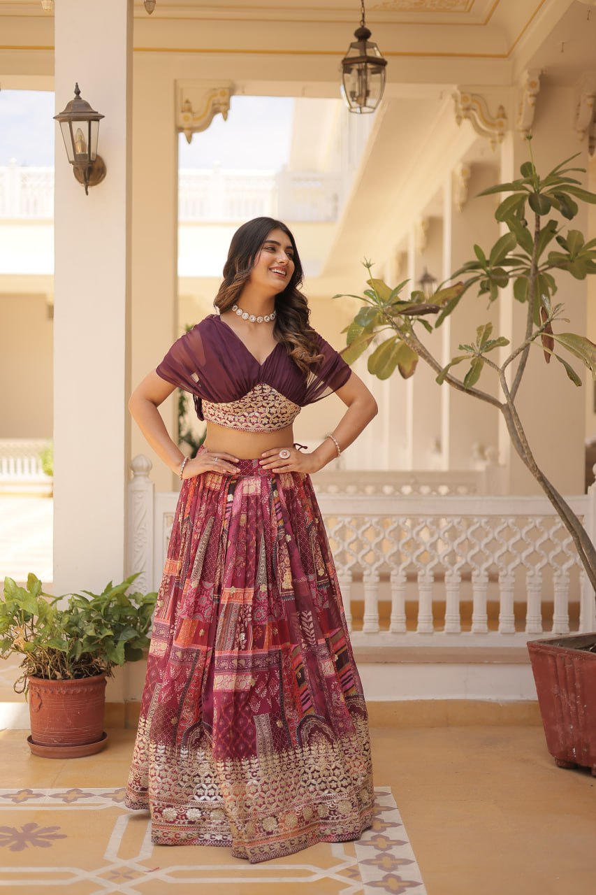 Purple Pink Rama Russian Silk Rich Digital Printed With Foil Embroidery Work Lehenga