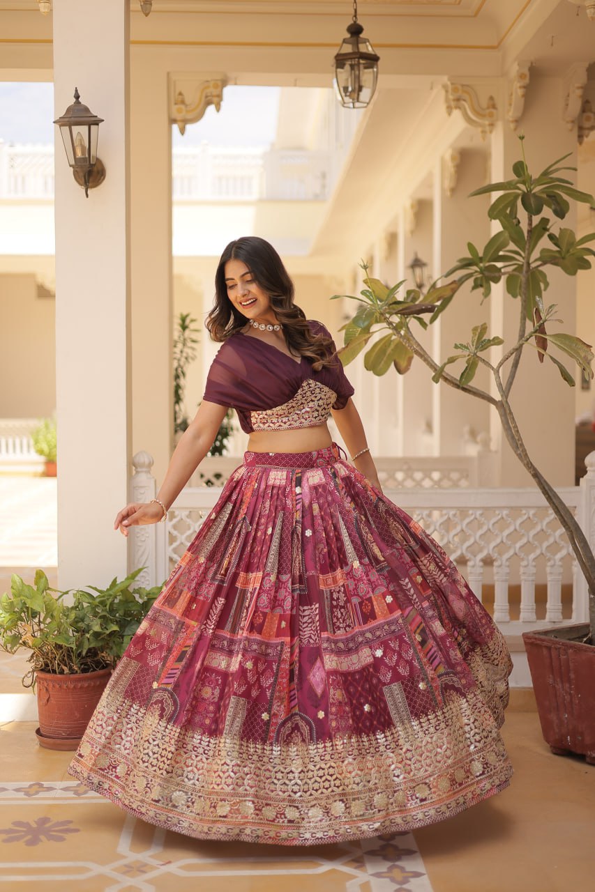 Purple Pink Rama Russian Silk Rich Digital Printed With Foil Embroidery Work Lehenga