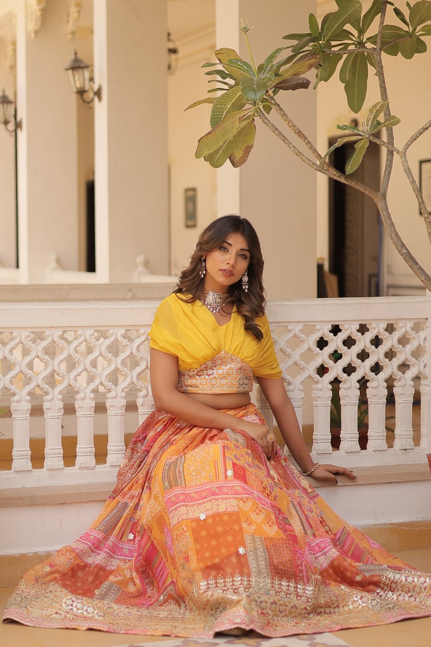 Yellow Rama Russian Silk Rich Digital Printed With Foil Embroidery Work Lehenga