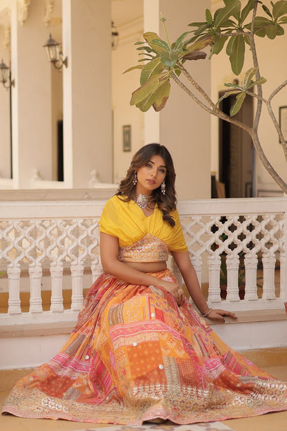 Yellow Rama Russian Silk Rich Digital Printed With Foil Embroidery Work Lehenga