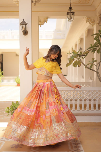 Yellow Rama Russian Silk Rich Digital Printed With Foil Embroidery Work Lehenga