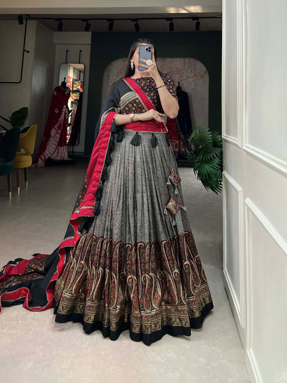 Gray Color Zari Weaving Work Jacquard Silk Lehenga Choli