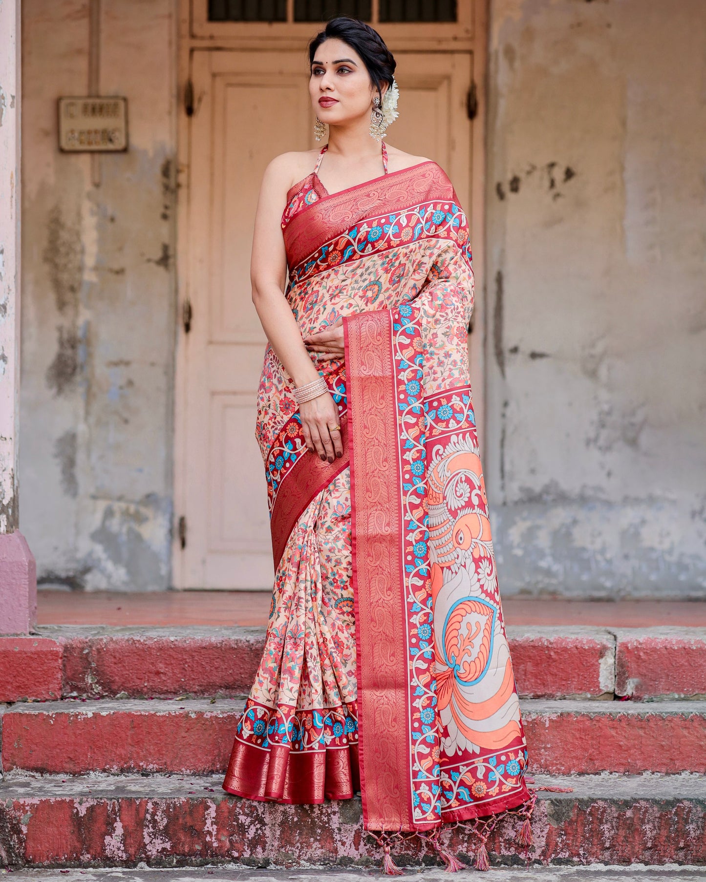 PURE SILK DIGITALLY PRINTED SAREE WEAVED WITH GOLDEN ZARI COMES WITH TASSELS