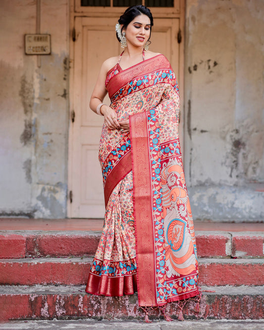 PURE SILK DIGITALLY PRINTED SAREE WEAVED WITH GOLDEN ZARI COMES WITH TASSELS