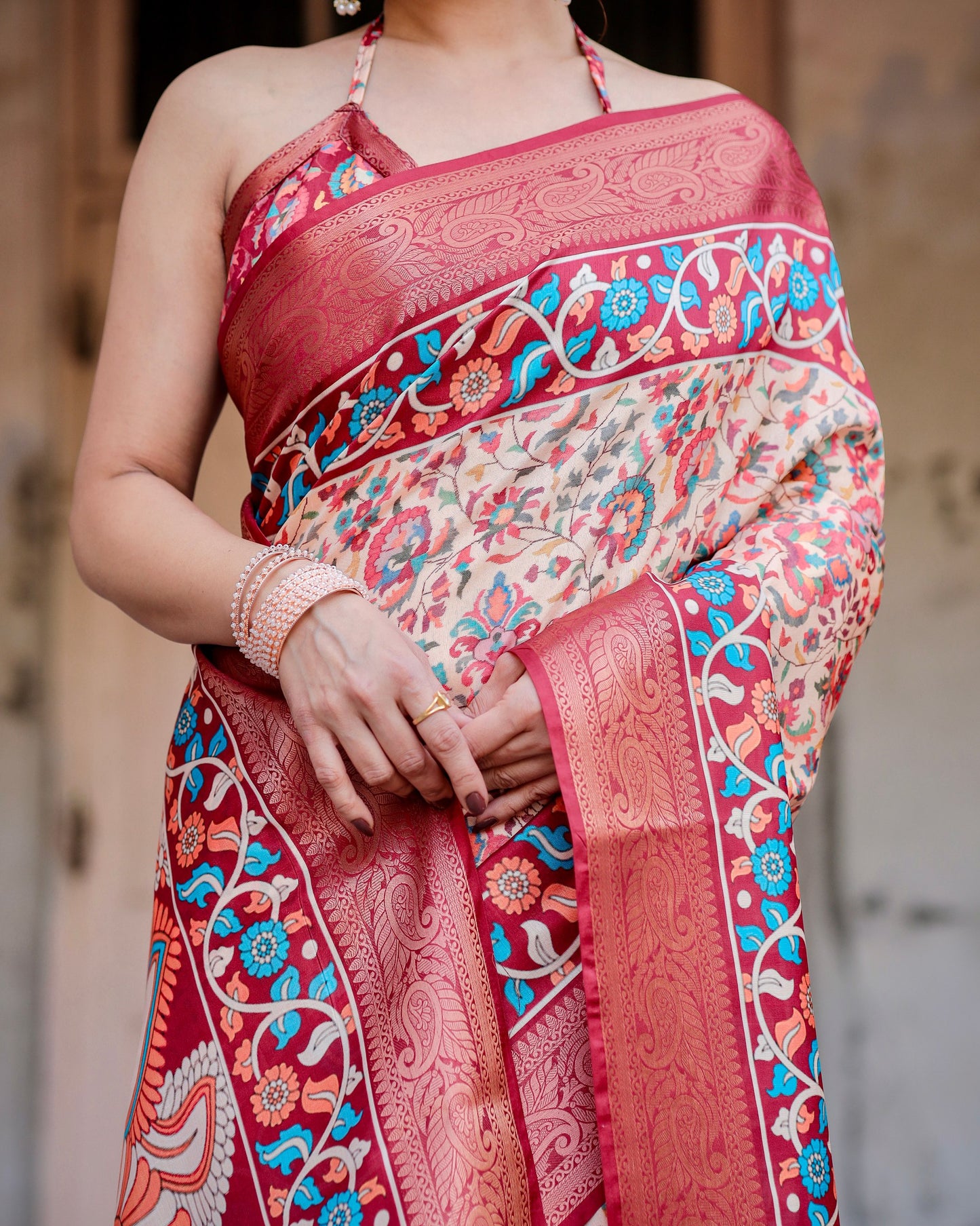 PURE SILK DIGITALLY PRINTED SAREE WEAVED WITH GOLDEN ZARI COMES WITH TASSELS