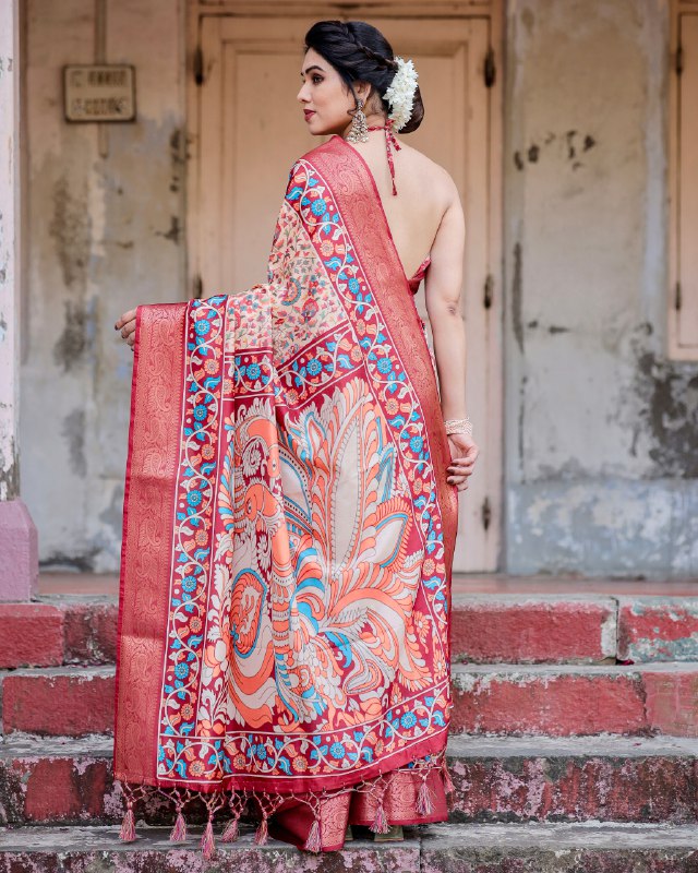 PURE SILK DIGITALLY PRINTED SAREE WEAVED WITH GOLDEN ZARI COMES WITH TASSELS