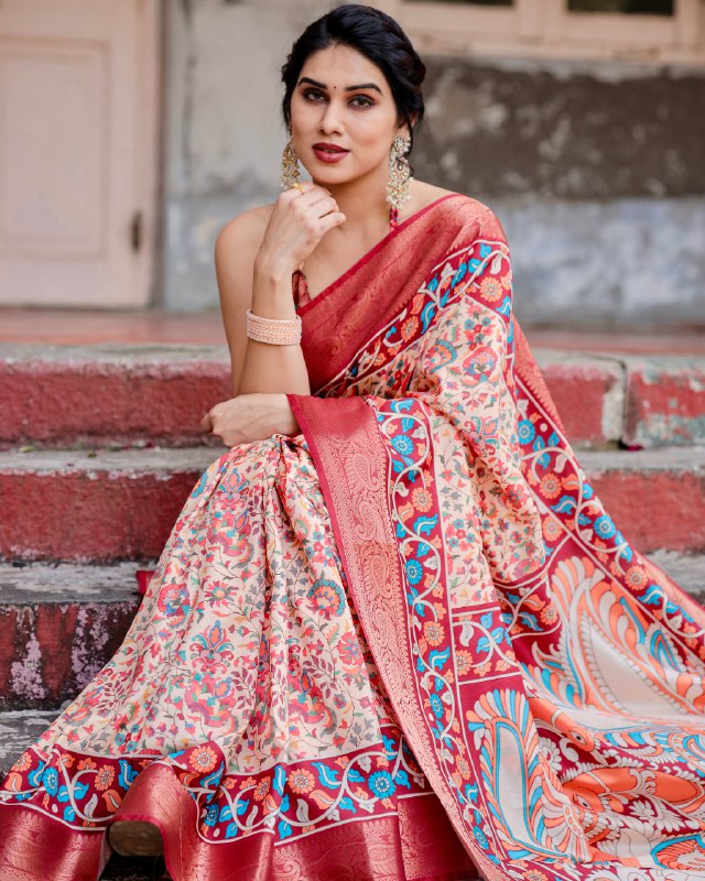 PURE SILK DIGITALLY PRINTED SAREE WEAVED WITH GOLDEN ZARI COMES WITH TASSELS