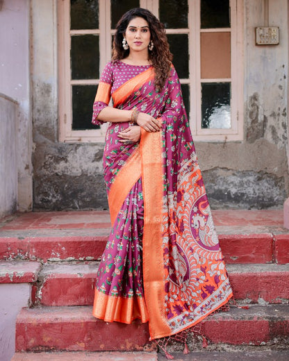 PURE SILK DIGITALLY PRINTED SAREE WEAVED WITH GOLDEN ZARI COMES WITH TASSELS