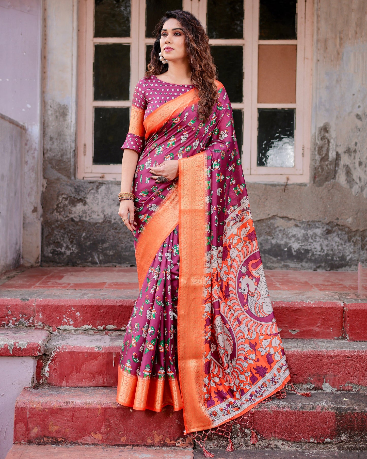 PURE SILK DIGITALLY PRINTED SAREE WEAVED WITH GOLDEN ZARI COMES WITH TASSELS