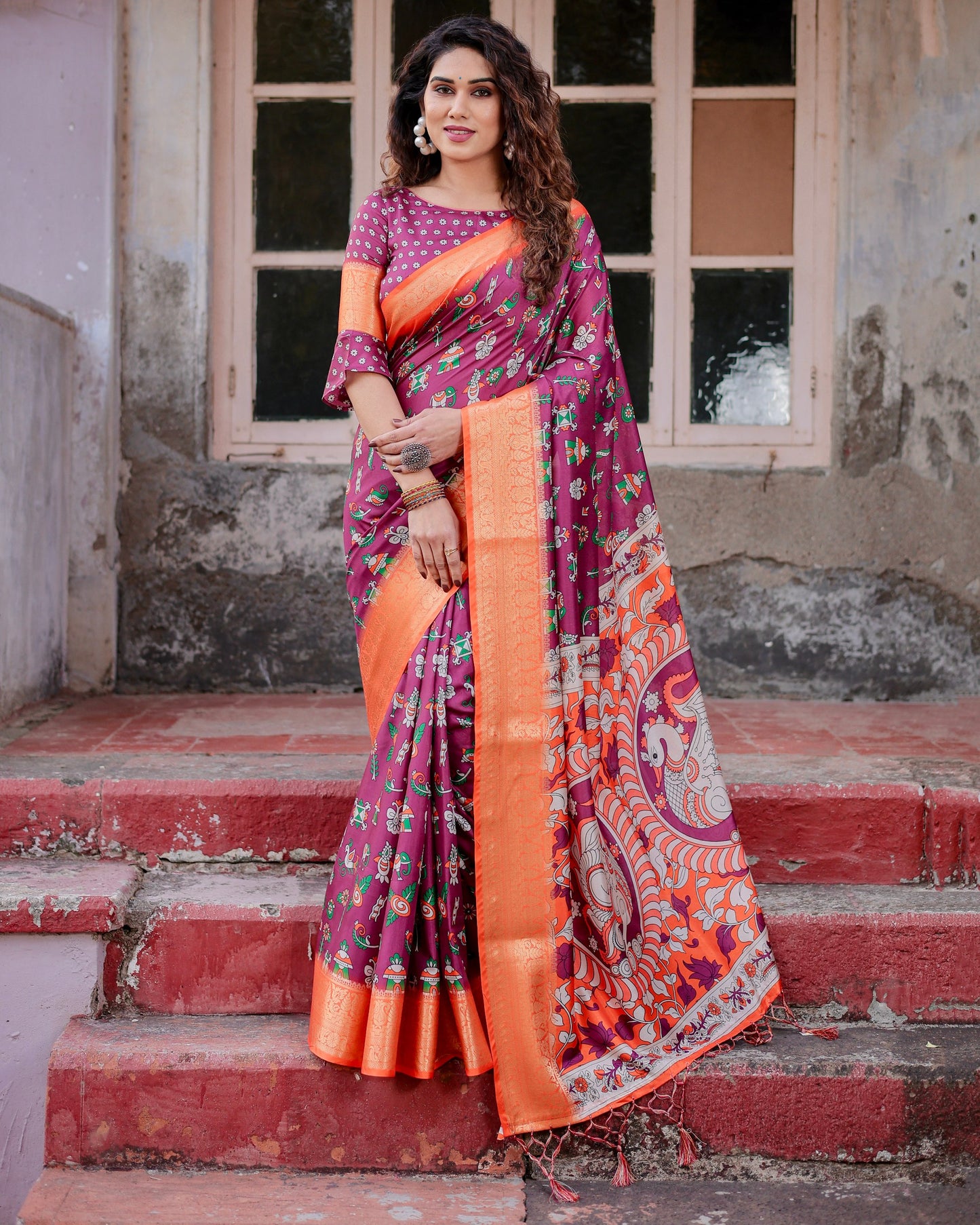 PURE SILK DIGITALLY PRINTED SAREE WEAVED WITH GOLDEN ZARI COMES WITH TASSELS