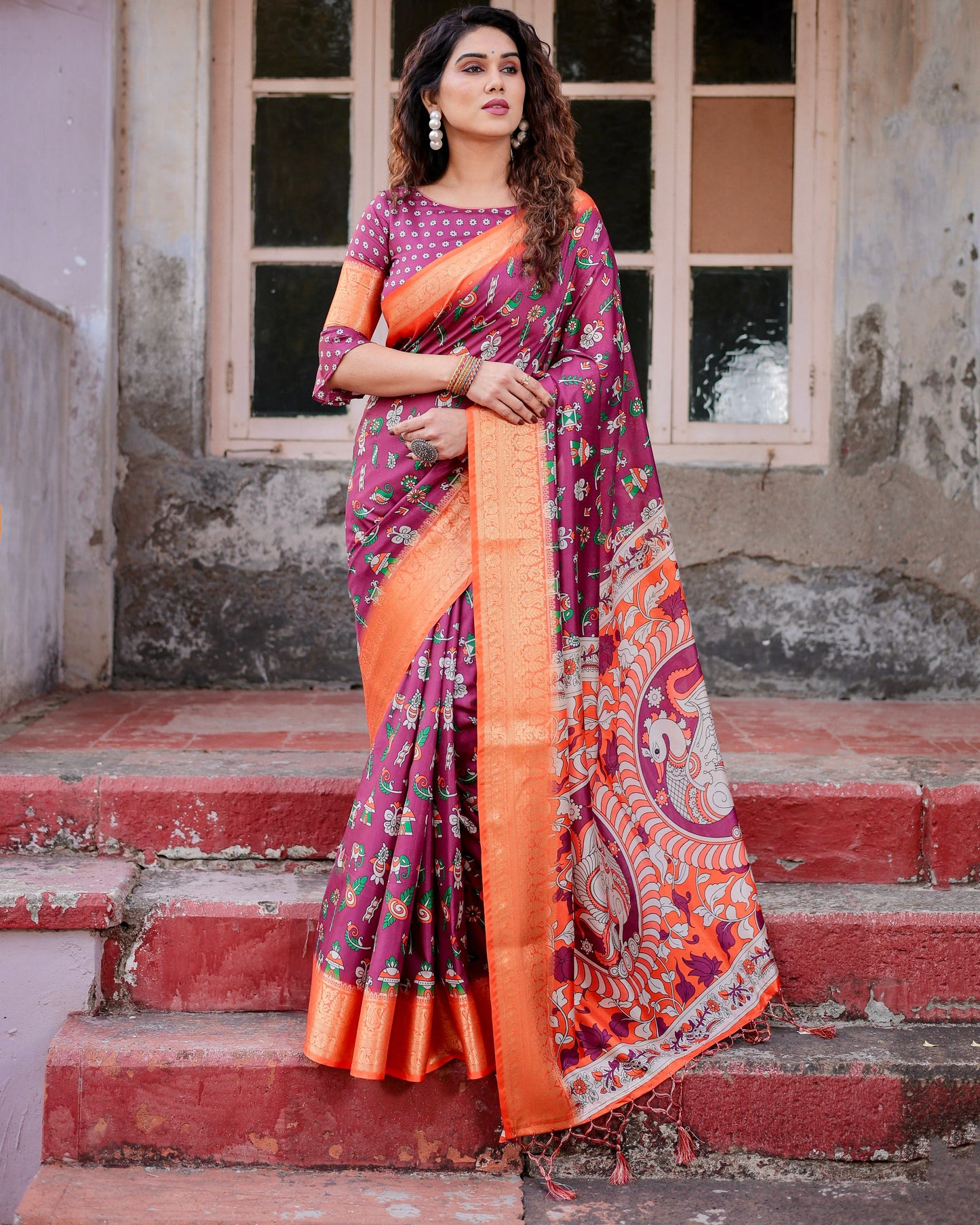 PURE SILK DIGITALLY PRINTED SAREE WEAVED WITH GOLDEN ZARI COMES WITH TASSELS