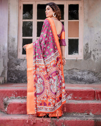 PURE SILK DIGITALLY PRINTED SAREE WEAVED WITH GOLDEN ZARI COMES WITH TASSELS