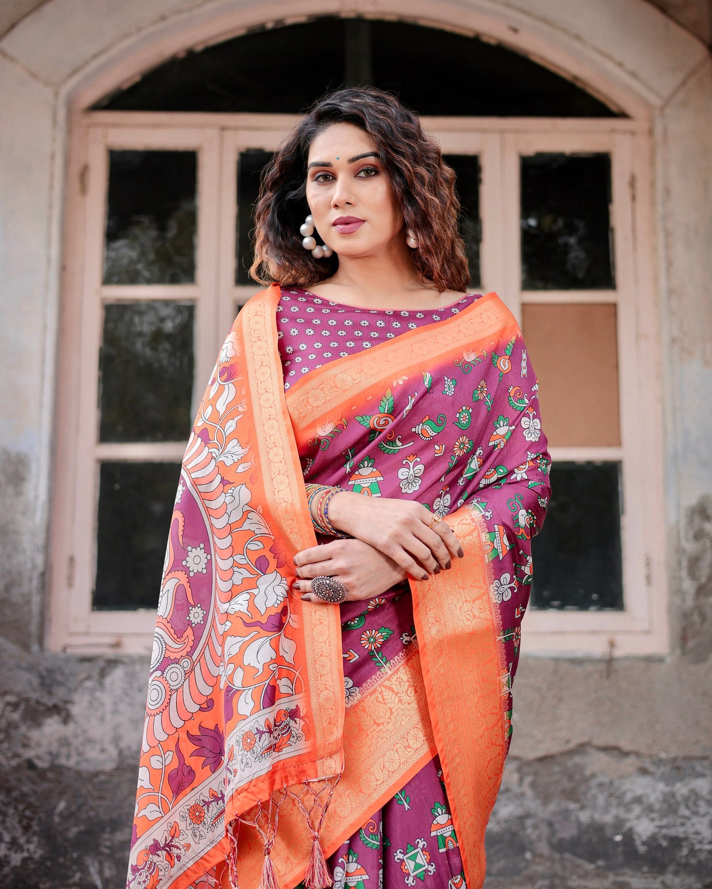 PURE SILK DIGITALLY PRINTED SAREE WEAVED WITH GOLDEN ZARI COMES WITH TASSELS