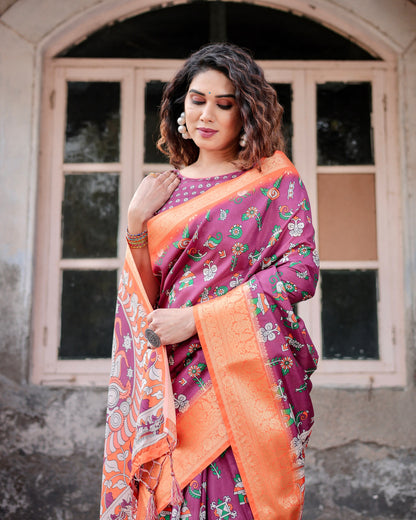 PURE SILK DIGITALLY PRINTED SAREE WEAVED WITH GOLDEN ZARI COMES WITH TASSELS