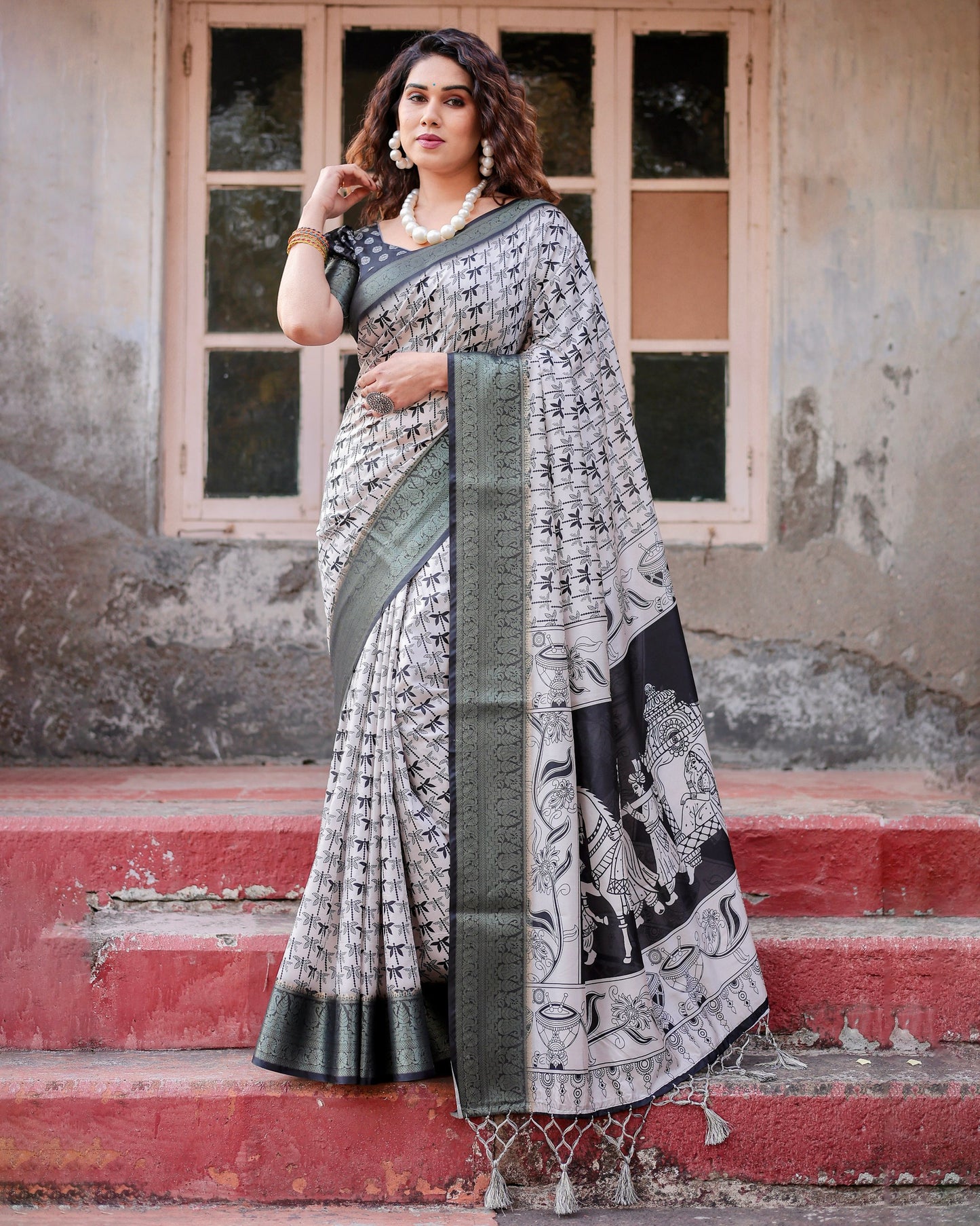 PURE SILK DIGITALLY PRINTED SAREE WEAVED WITH GOLDEN ZARI COMES WITH TASSELS