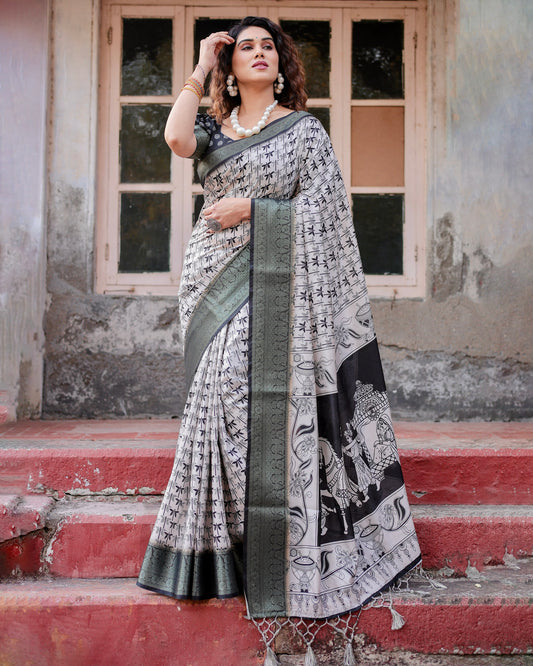 PURE SILK DIGITALLY PRINTED SAREE WEAVED WITH GOLDEN ZARI COMES WITH TASSELS