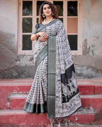 PURE SILK DIGITALLY PRINTED SAREE WEAVED WITH GOLDEN ZARI COMES WITH TASSELS