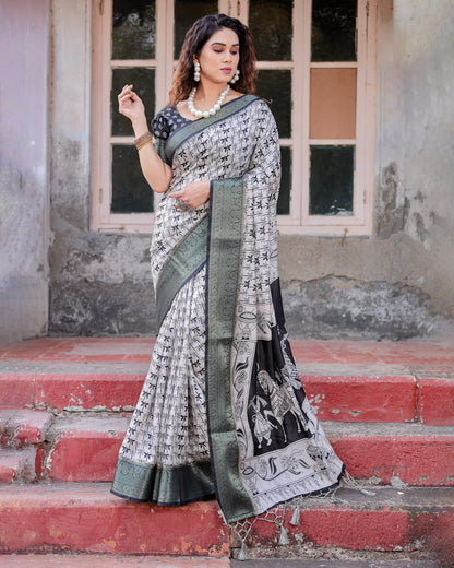 PURE SILK DIGITALLY PRINTED SAREE WEAVED WITH GOLDEN ZARI COMES WITH TASSELS