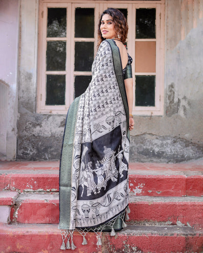 PURE SILK DIGITALLY PRINTED SAREE WEAVED WITH GOLDEN ZARI COMES WITH TASSELS