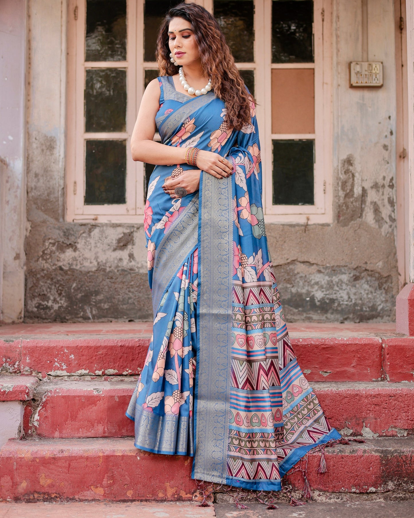 PURE SILK DIGITALLY PRINTED SAREE WEAVED WITH GOLDEN ZARI COMES WITH TASSELS