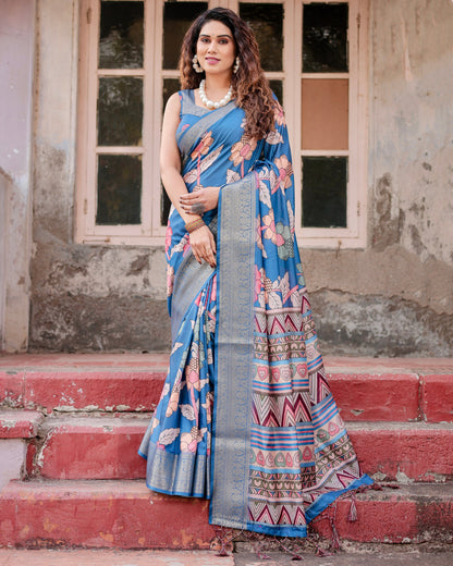 PURE SILK DIGITALLY PRINTED SAREE WEAVED WITH GOLDEN ZARI COMES WITH TASSELS