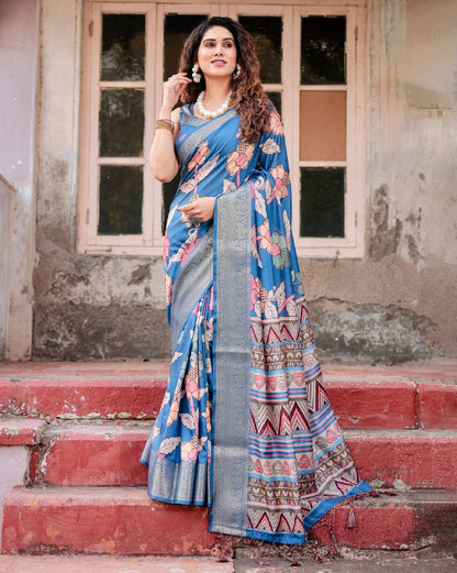 PURE SILK DIGITALLY PRINTED SAREE WEAVED WITH GOLDEN ZARI COMES WITH TASSELS