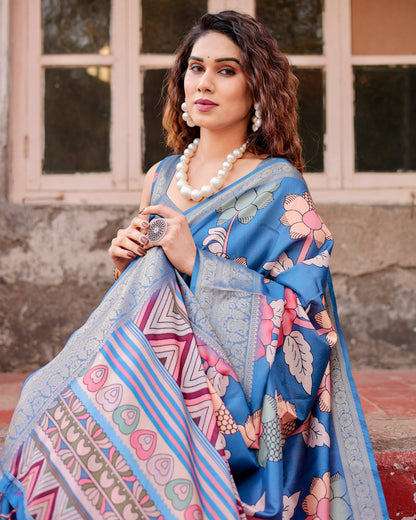 PURE SILK DIGITALLY PRINTED SAREE WEAVED WITH GOLDEN ZARI COMES WITH TASSELS