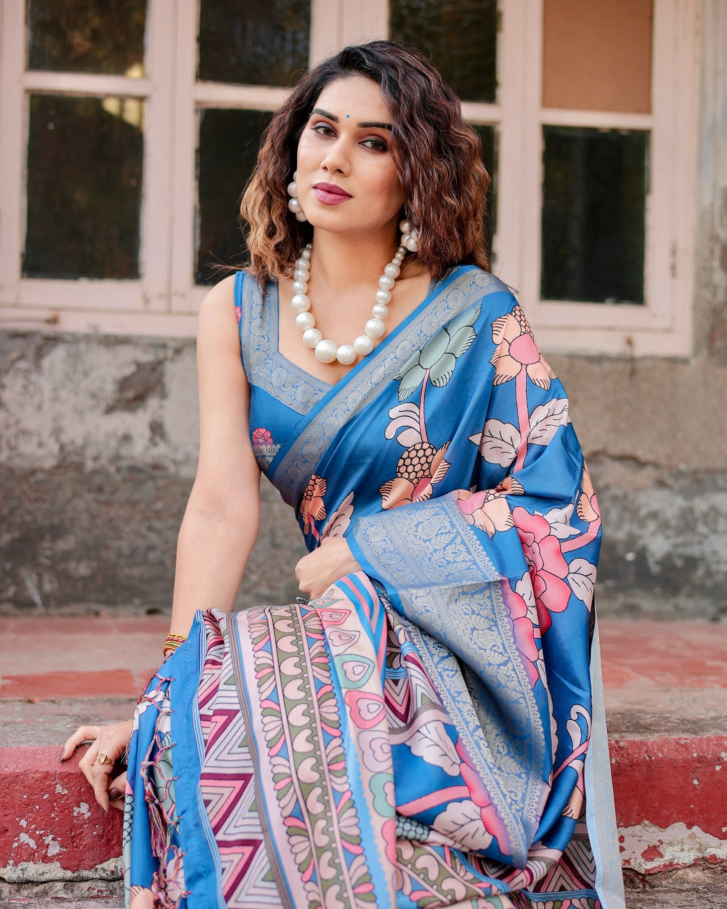 PURE SILK DIGITALLY PRINTED SAREE WEAVED WITH GOLDEN ZARI COMES WITH TASSELS