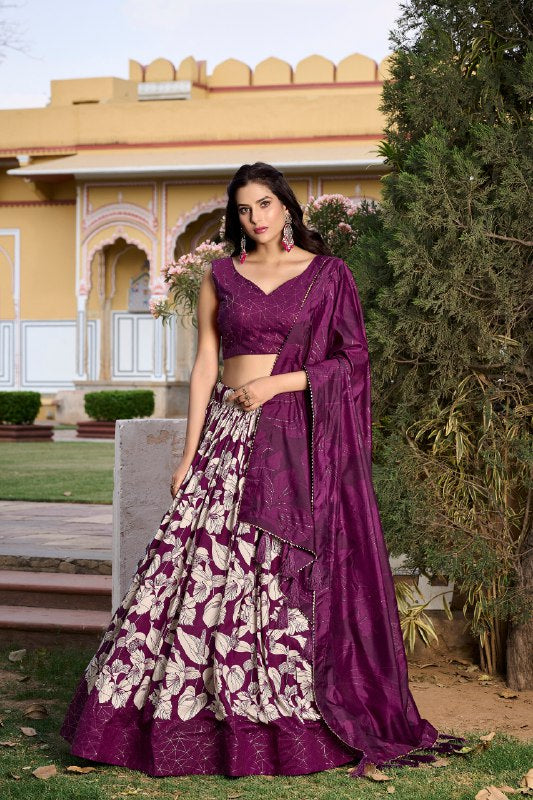 Wine Color Floral Print With Foil Work Tussar Silk Lehenga Choli