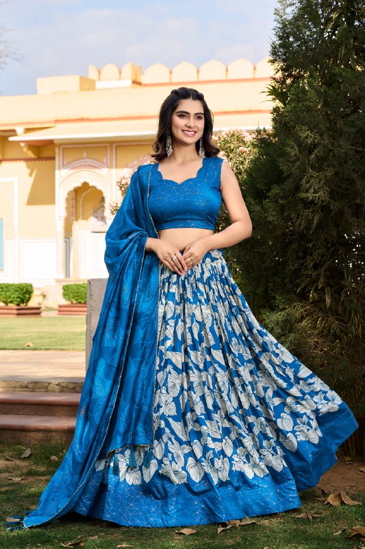 Royal Blue Color Floral Print With Foil Work Tussar Silk Lehenga Choli