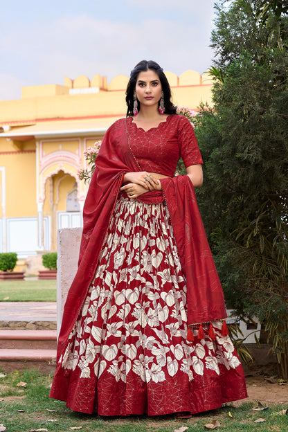 Red Color Floral Print With Foil Work Tussar Silk Lehenga Choli