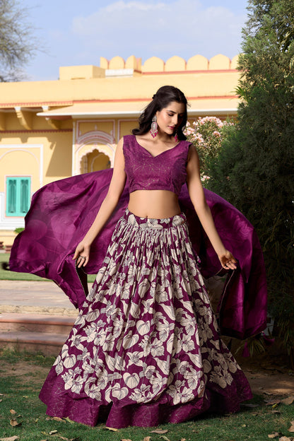 Wine Color Floral Print With Foil Work Tussar Silk Lehenga Choli