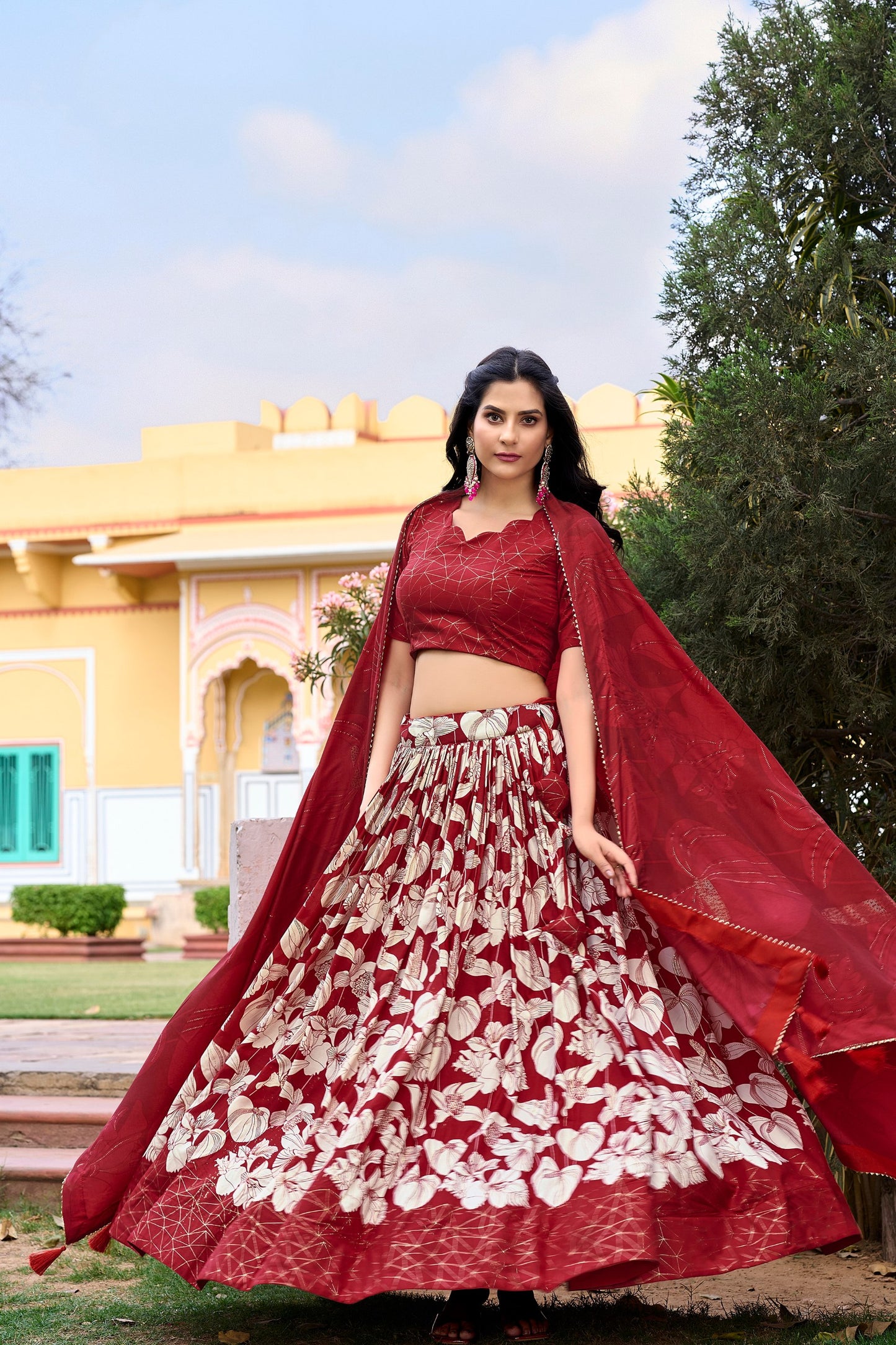 Red Color Floral Print With Foil Work Tussar Silk Lehenga Choli