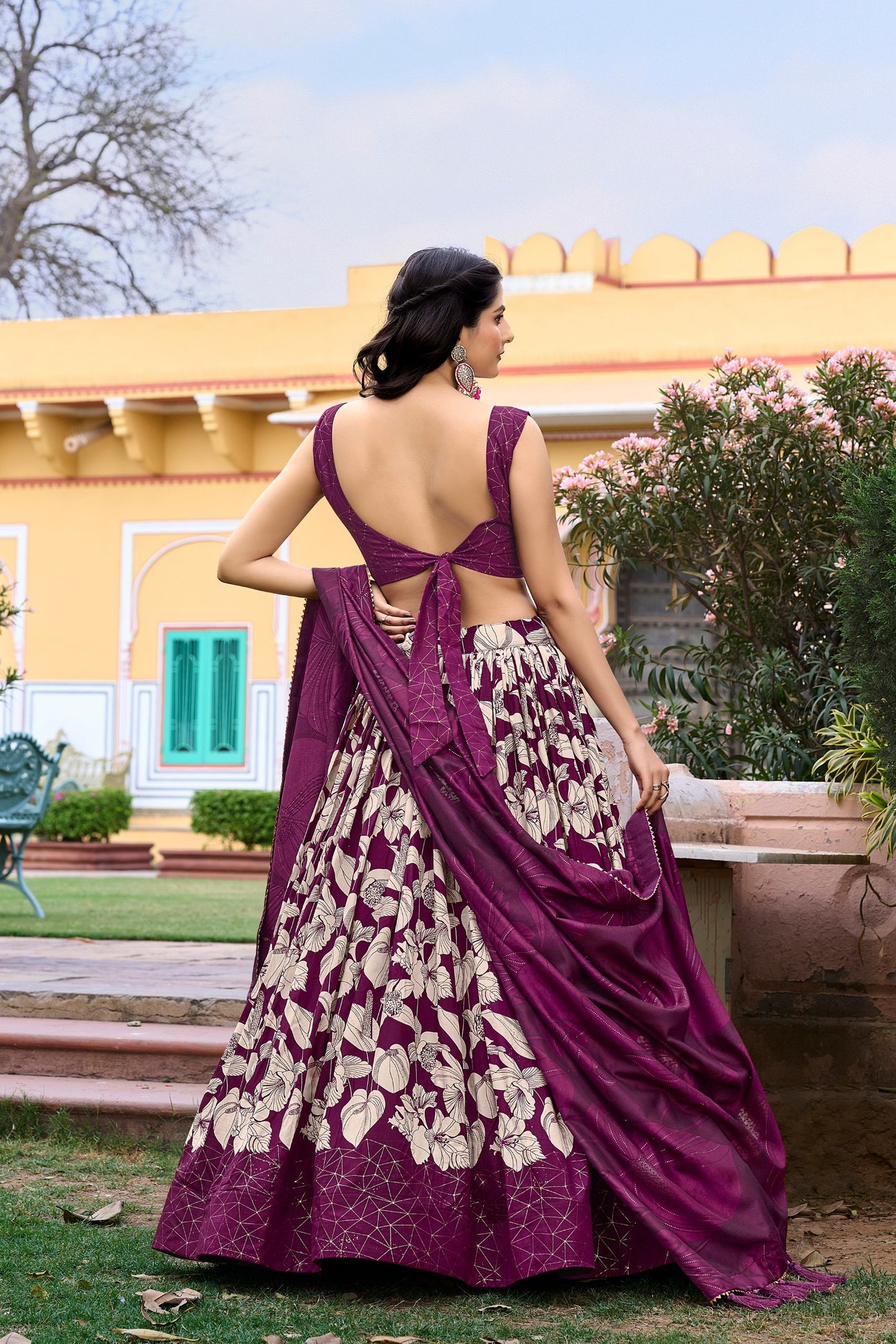 Wine Color Floral Print With Foil Work Tussar Silk Lehenga Choli