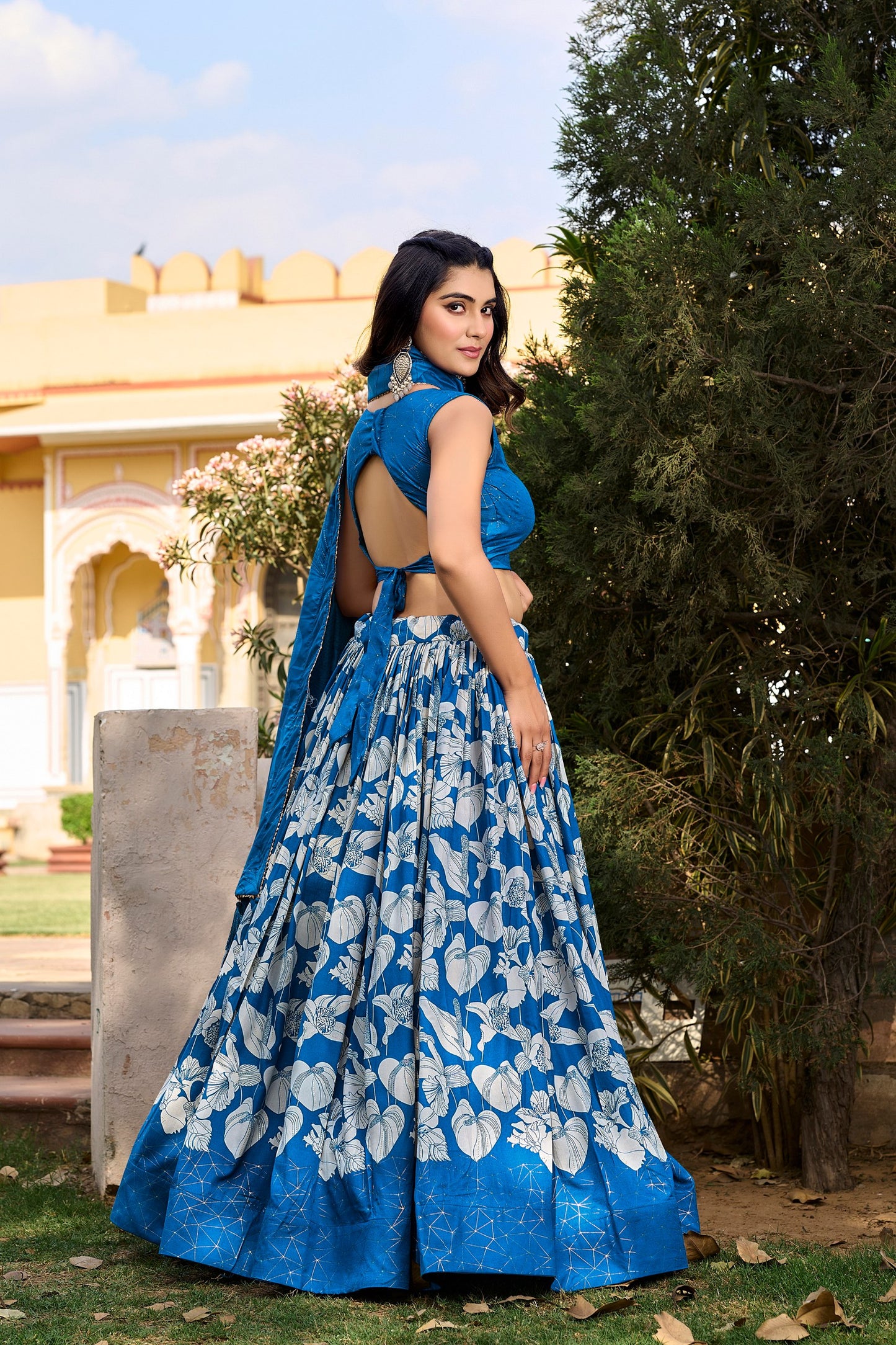 Royal Blue Color Floral Print With Foil Work Tussar Silk Lehenga Choli