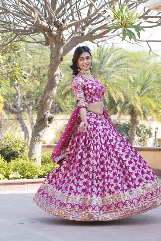 Magenta Pure Dyable Viscose Jacquard With Embroidered Sequins Work Lehenga