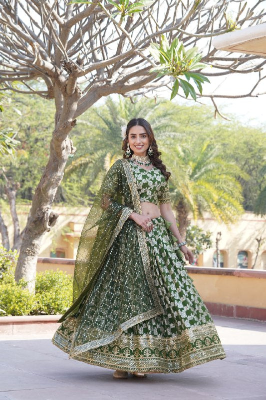 Green Pure Dyable Viscose Jacquard With Embroidered Sequins Work Lehenga